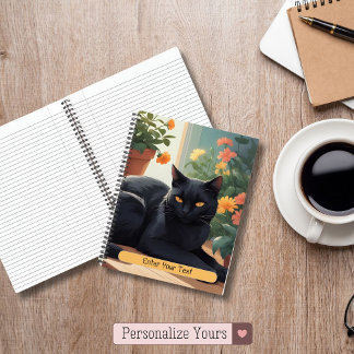 Cuaderno Gato negro personalizado con flores en maceta