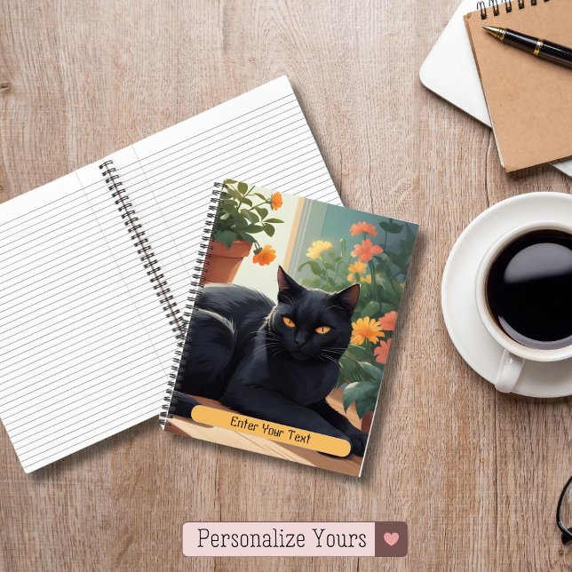Cuaderno Gato negro personalizado con flores en maceta (Personalized Black cat with potted flowers Notebook)