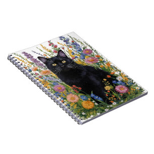 Cuaderno Gato negro pintado a mano y arte de bordado floral