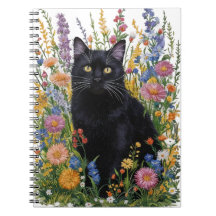 Gato negro pintado a mano y arte de bordado floral