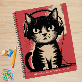 Cuaderno Gato negro retro, cerebro en el trabajo y nombre,