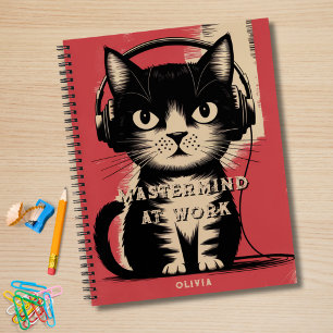 Cuaderno Gato negro retro, cerebro en el trabajo y nombre,