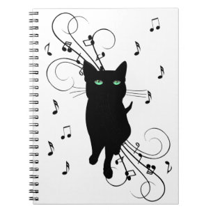 Cuaderno Gato negro rodeado de notas susurrantes de música