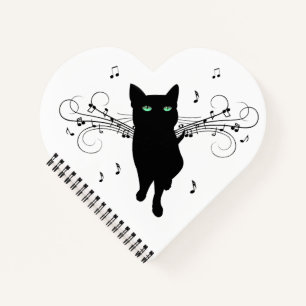 Cuaderno Gato negro rodeado de notas susurrantes de música