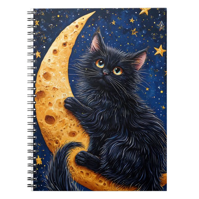 Cuaderno Gato Negro Sentado en Luna Creciente (Frente)