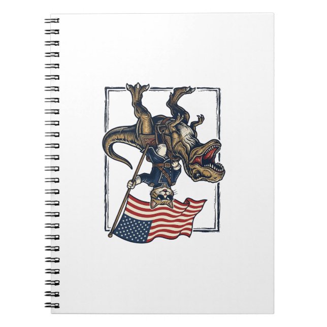 Cuaderno Gato Patriótico Montando Dinosaurio Diseño Vector  (Frente)