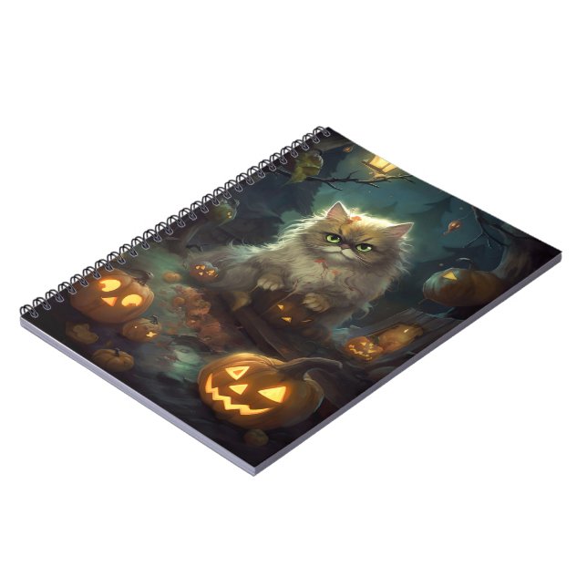 Cuaderno Gato persa de Halloween con calabazas aterradoras (Lado Izquierdo)