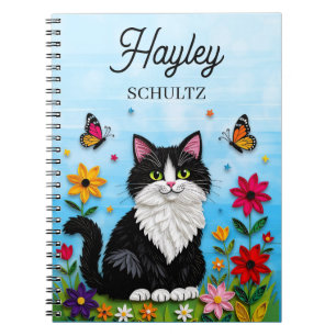 Cuaderno Gato Personalizado, Flores y Mariposas  