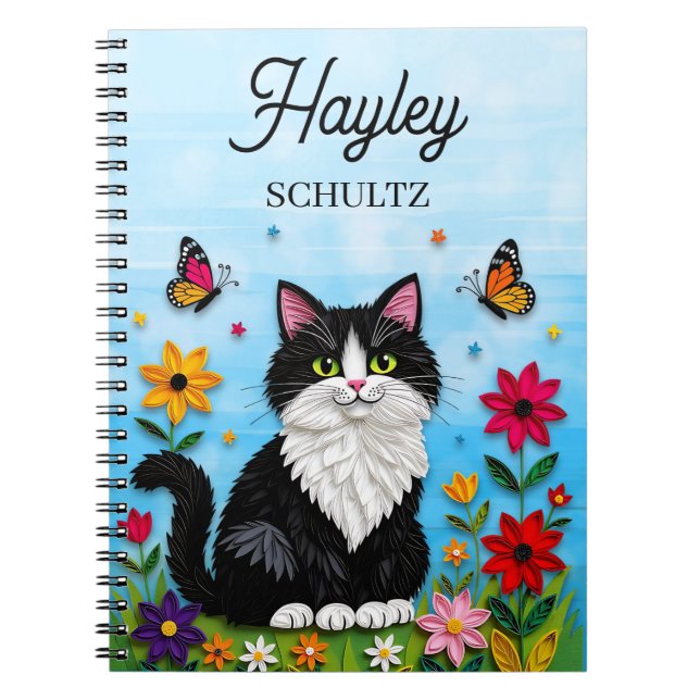 Cuaderno Gato Personalizado, Flores y Mariposas   (Frente)