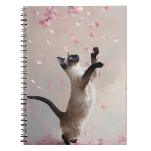 Cuaderno Gato siamés con bloc de notas en espiral de flores