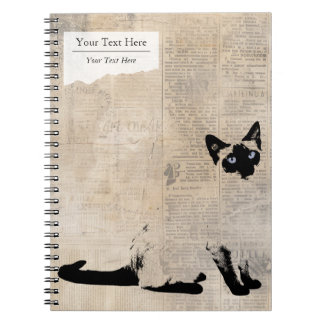 Cuaderno Gato siamés en periódico retro, nombre personaliza