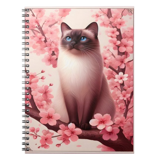 Cuaderno Gato siamés japonés flor de cerezo rosa (Frente)