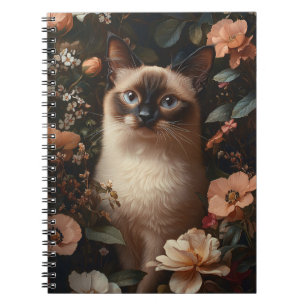 Cuaderno Gato Siamés Rodeado De Flores Rosa De Rubor