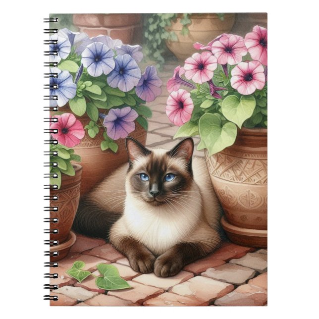Cuaderno Gato siamés y flores de petunia  (Frente)