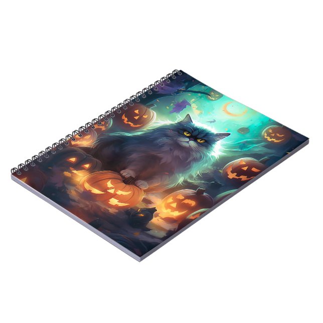 Cuaderno Gato siberiano de Halloween con calabazas aterrado (Lado Izquierdo)