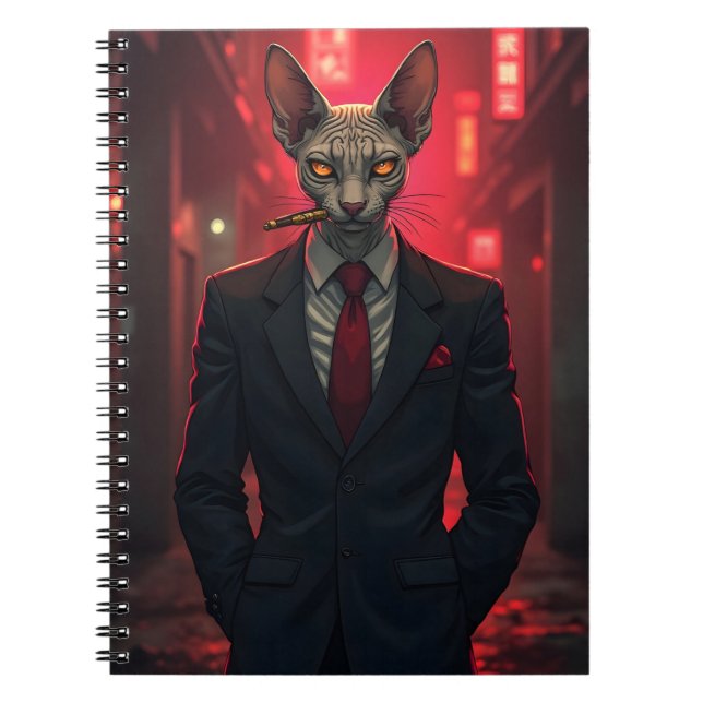 Cuaderno Gato Sphynx Neon Noir al Estilo Mafioso (Frente)