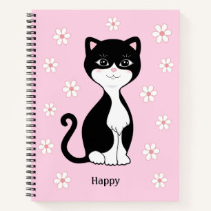 Cuaderno Gato y flores de Tuxedo en rosa claro