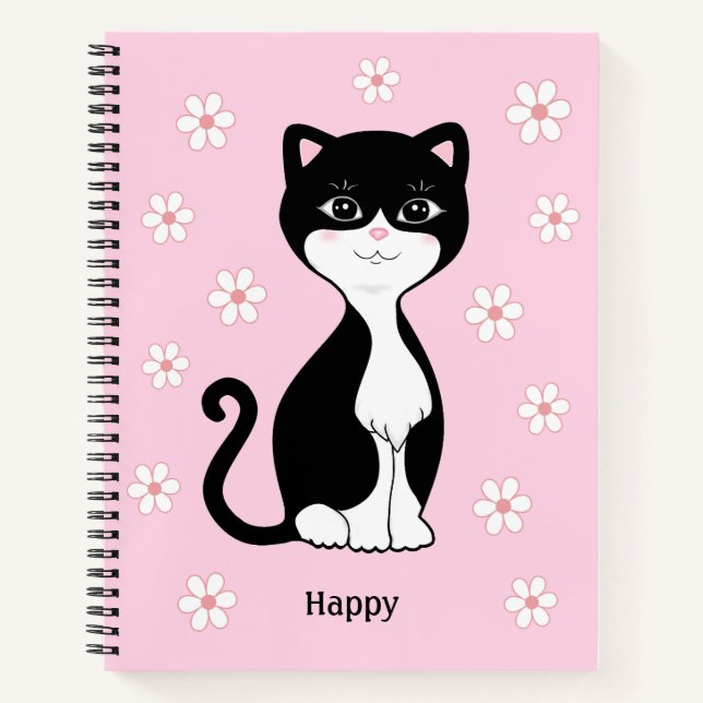 Cuaderno Gato y flores de Tuxedo en rosa claro (Anverso)