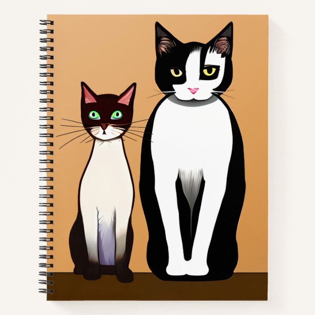Cuaderno Gato y gatito negro y blanco retro moderno (Anverso)