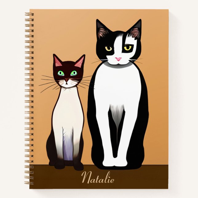Cuaderno Gato y gatito negro y blanco retro moderno (Anverso)