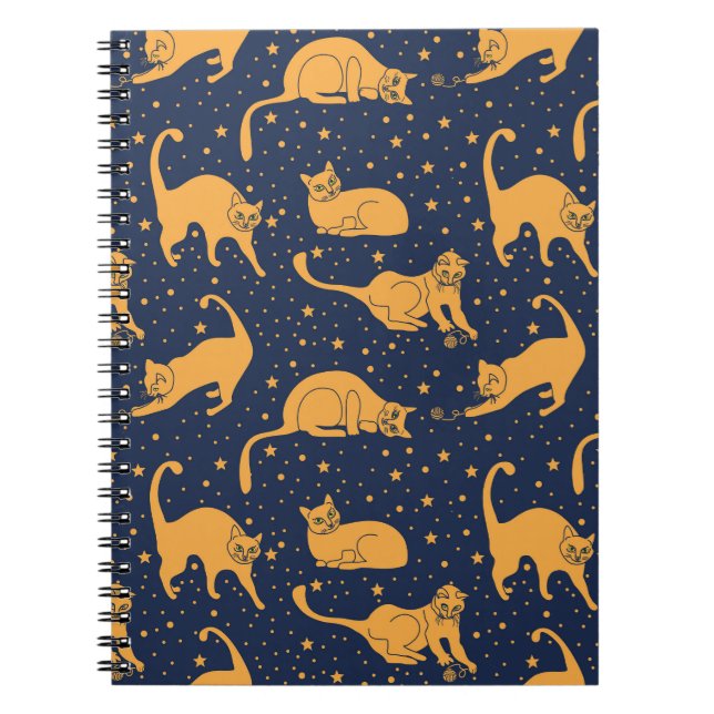 Cuaderno Gatos divertidos, estrellas, patrón espacial. (Frente)