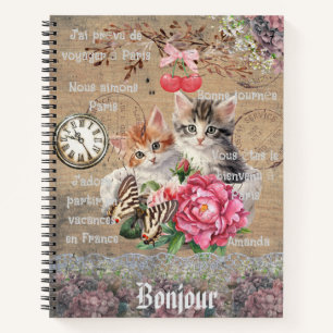 Cuaderno Gatos lindos con monograma rodeados de flores