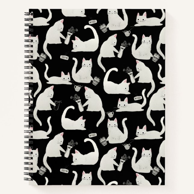 Cuaderno Gatos malos tocando cosas, gatos blancos sobre neg (Anverso)