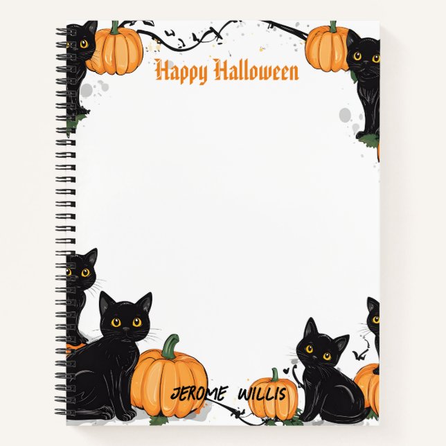Cuaderno Gatos negros y calabaza Feliz Halloween (Anverso)