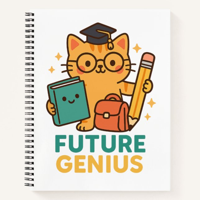 Cuaderno Genio futuro - Gato lindo con elementos escolares (Anverso)