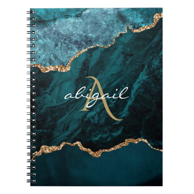Cuaderno Geoda de ágata dorada teal con monograma (Frente)