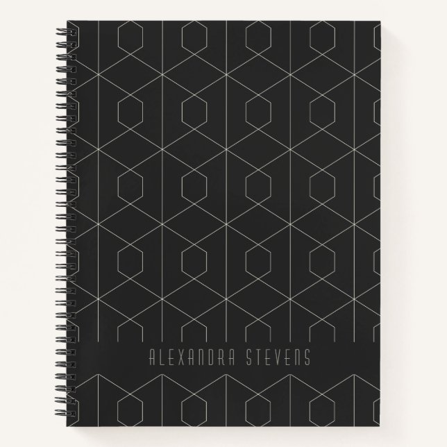 Cuaderno Geometría lineal Art Deco Blanco Negro Personaliza (Anverso)