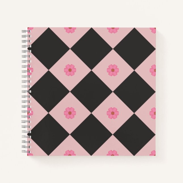 Cuaderno geométrico floral negro y rosa moderno (Anverso)