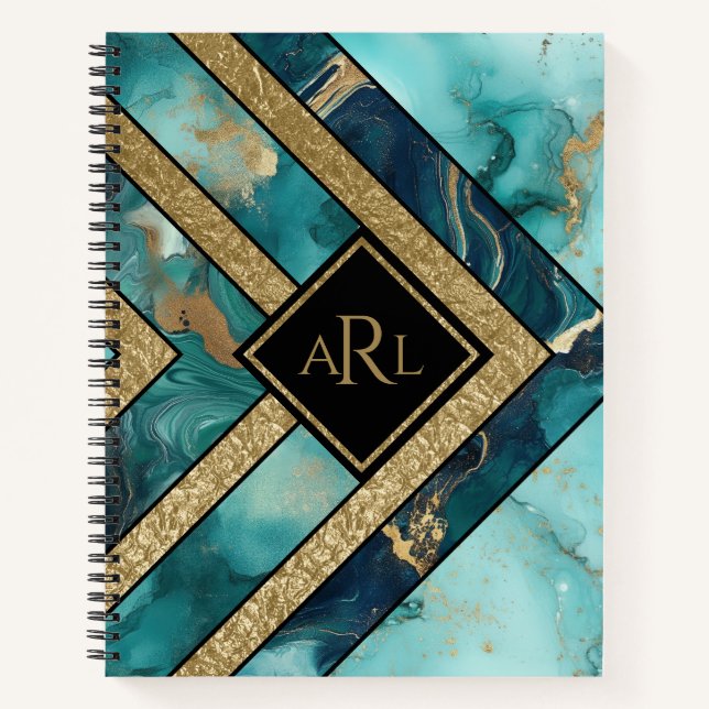 Cuaderno Geométrico Personalizado Moderno Única Oro Verde A (Anverso)