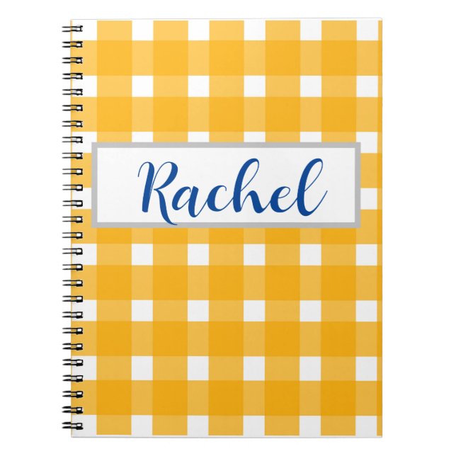 Cuaderno Gingham blanco amarillo personalizado (Frente)