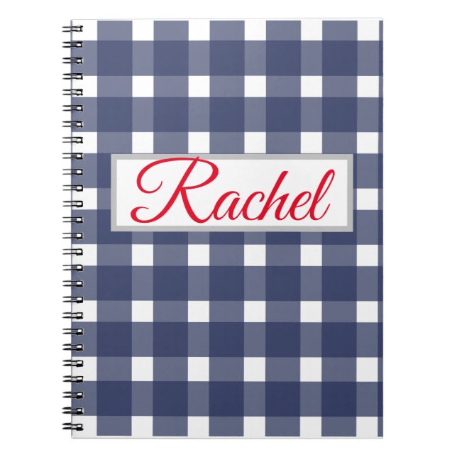 Cuaderno Gingham blanco azul personalizado (Frente)