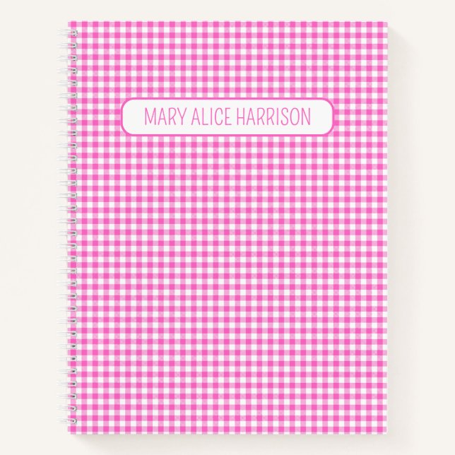 Cuaderno Gingham Plaid personalizado rosa y blanco (Anverso)