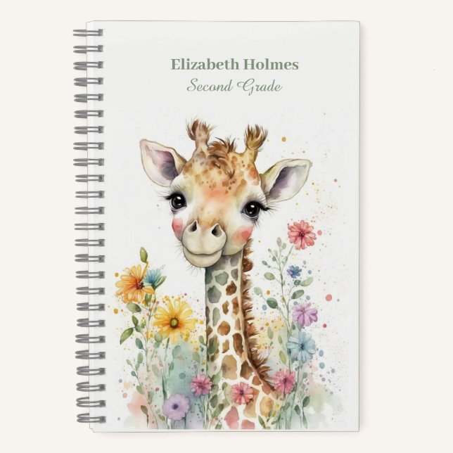 Cuaderno Girafa de color agua dulce con flores (Anverso)