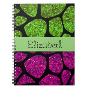 Cuaderno Girafa verde, jirafa rosa, Purpurina, tu nombre