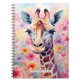 Cuaderno Giraffe cuta en flores rosadas