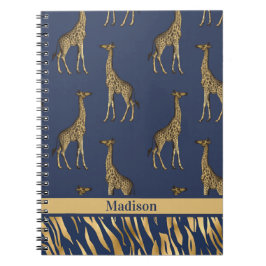 Cuaderno Giraffe Tigre de nombre azul dorado Moda elegante