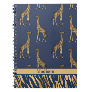 Cuaderno Giraffe Tigre de nombre azul dorado Moda elegante