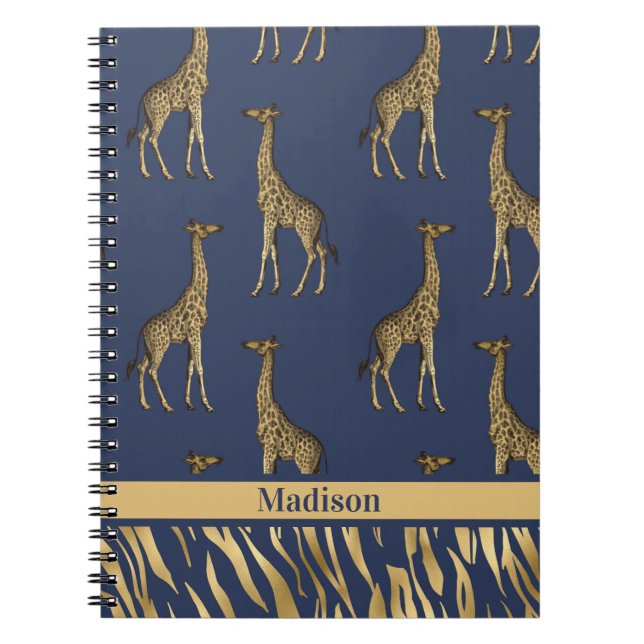 Cuaderno Giraffe Tigre de nombre azul dorado Moda elegante (Frente)