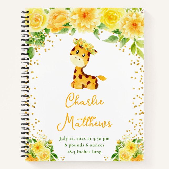 Cuaderno Giraffe Yellow Floral Birth Statistics (Anverso)