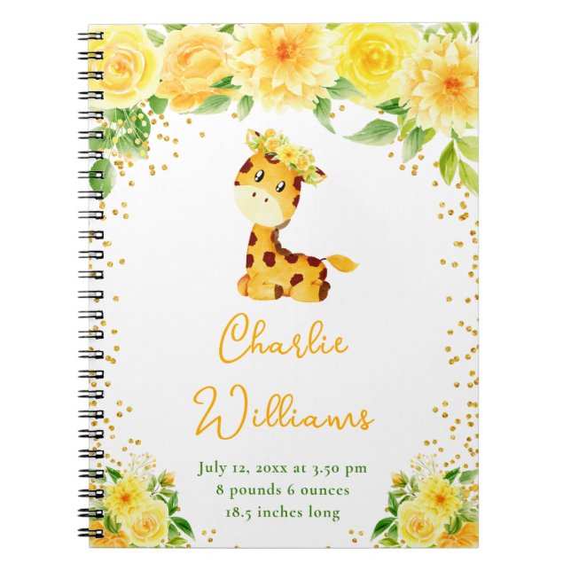 Cuaderno Giraffe Yellow Floral Birth Statistics (Frente)