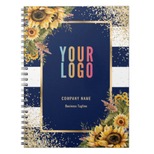 Cuaderno Girasol Azul Marino Dorado Logo Floral Empresarial