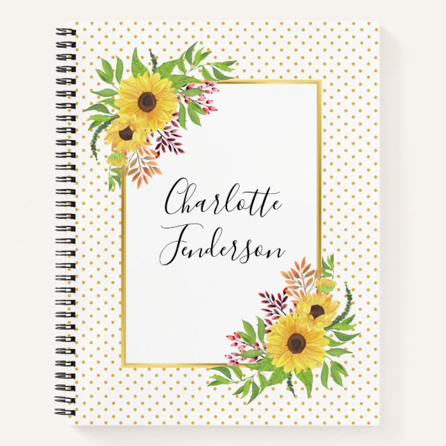 Cuaderno girasoles acuáticos, puntos de polka amarillos y b (Anverso)