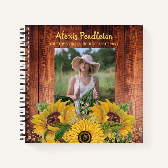 Cuaderno Girasoles de Madera Rústica Foto Escuela Secundari (Anverso)