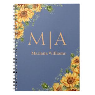Cuaderno girasoles en monograma botánico naranja nova azul