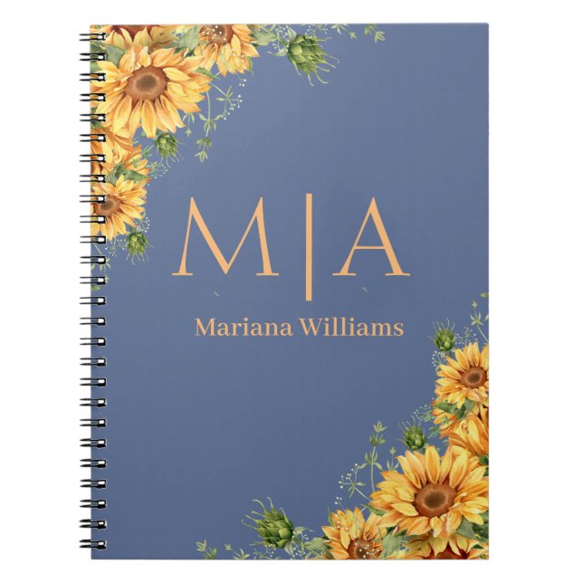 Cuaderno girasoles en monograma botánico naranja nova azul (Frente)