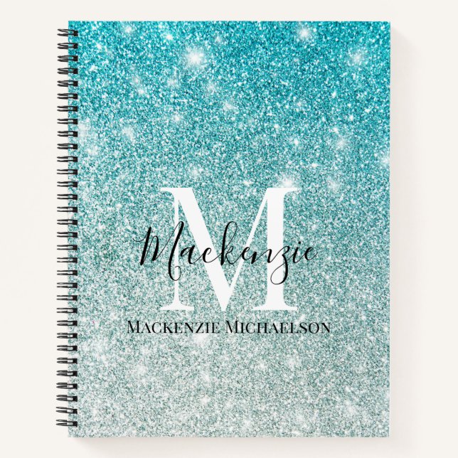 Cuaderno Girly Aqua Blue Silver Purpurina Monograma (Anverso)